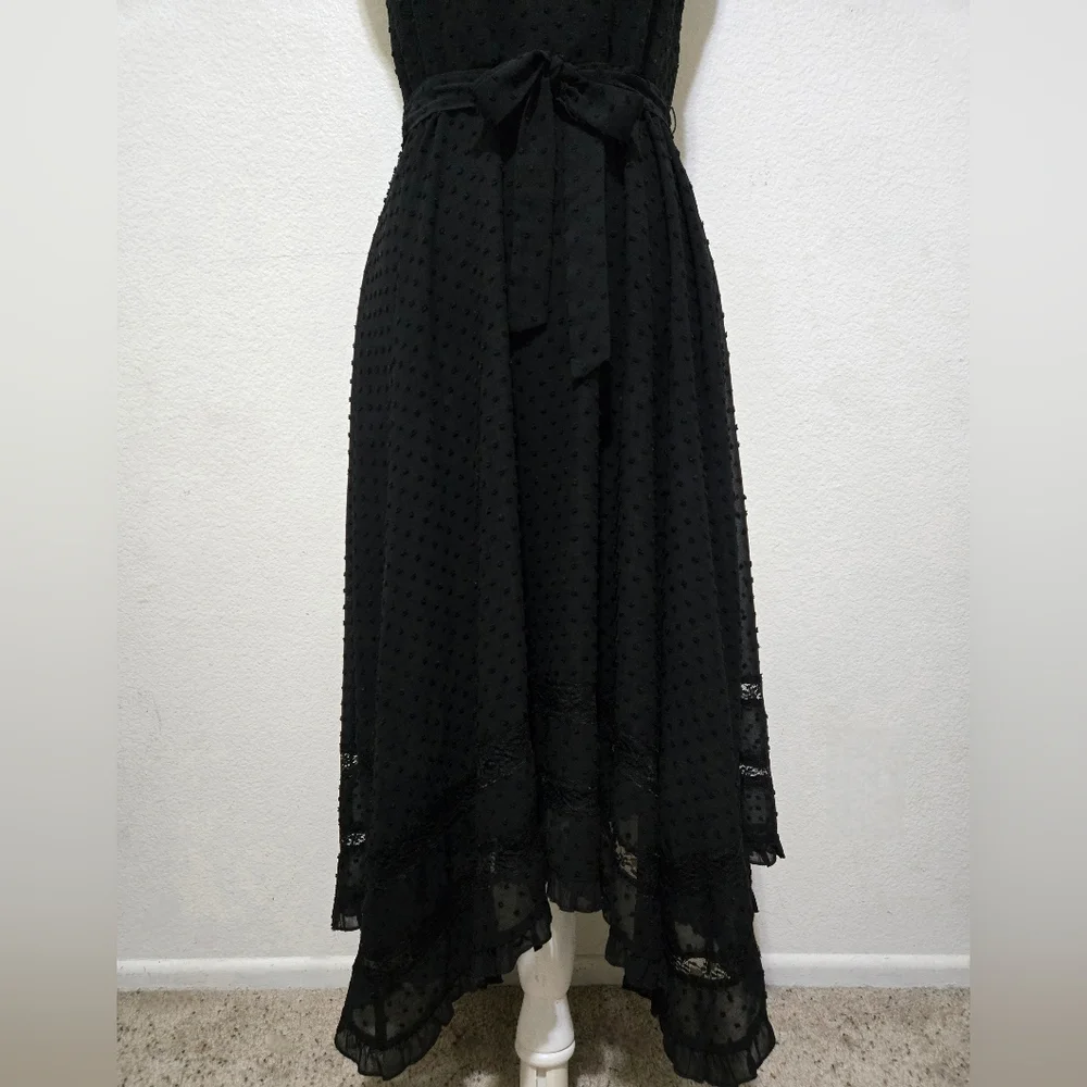 AQUA Black Midi Dress Swiss Dot Lace Inset Handkerchief Hem Tie Waist Small - Picture 4 of 15